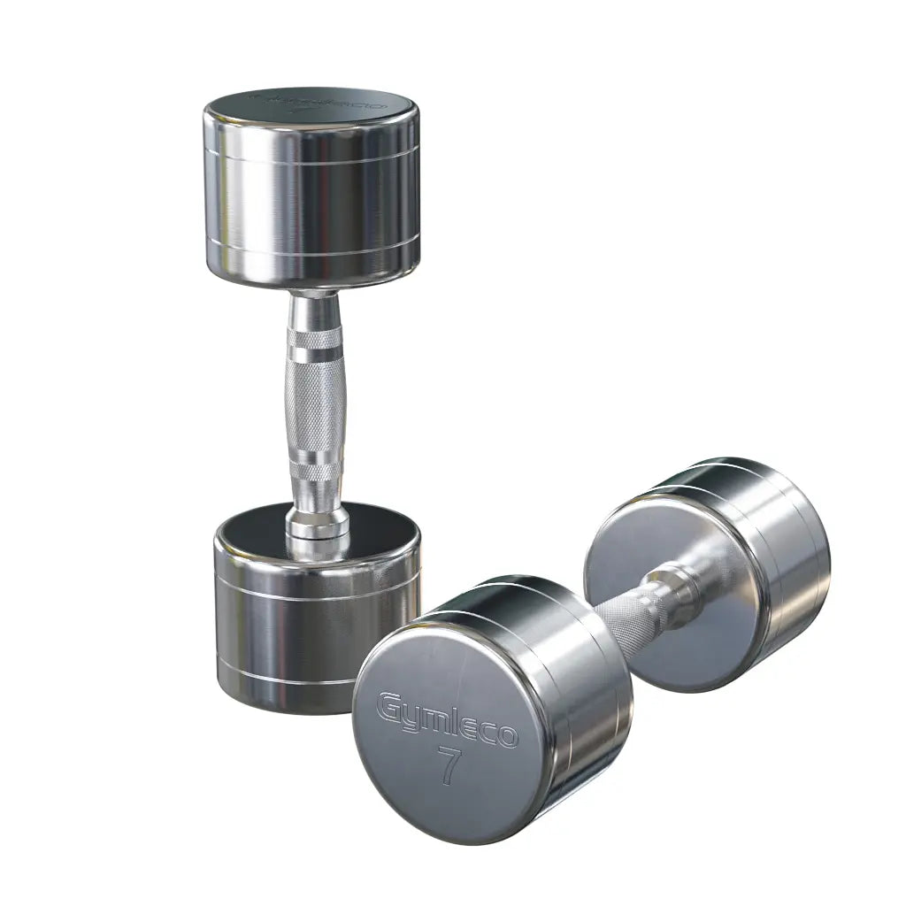 Pair of chrome dumbbells on a white background
