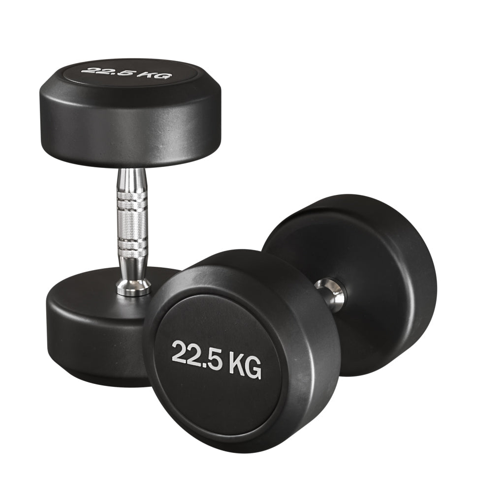 Pair of black dumbbells with '22.5 KG' marking on a white background