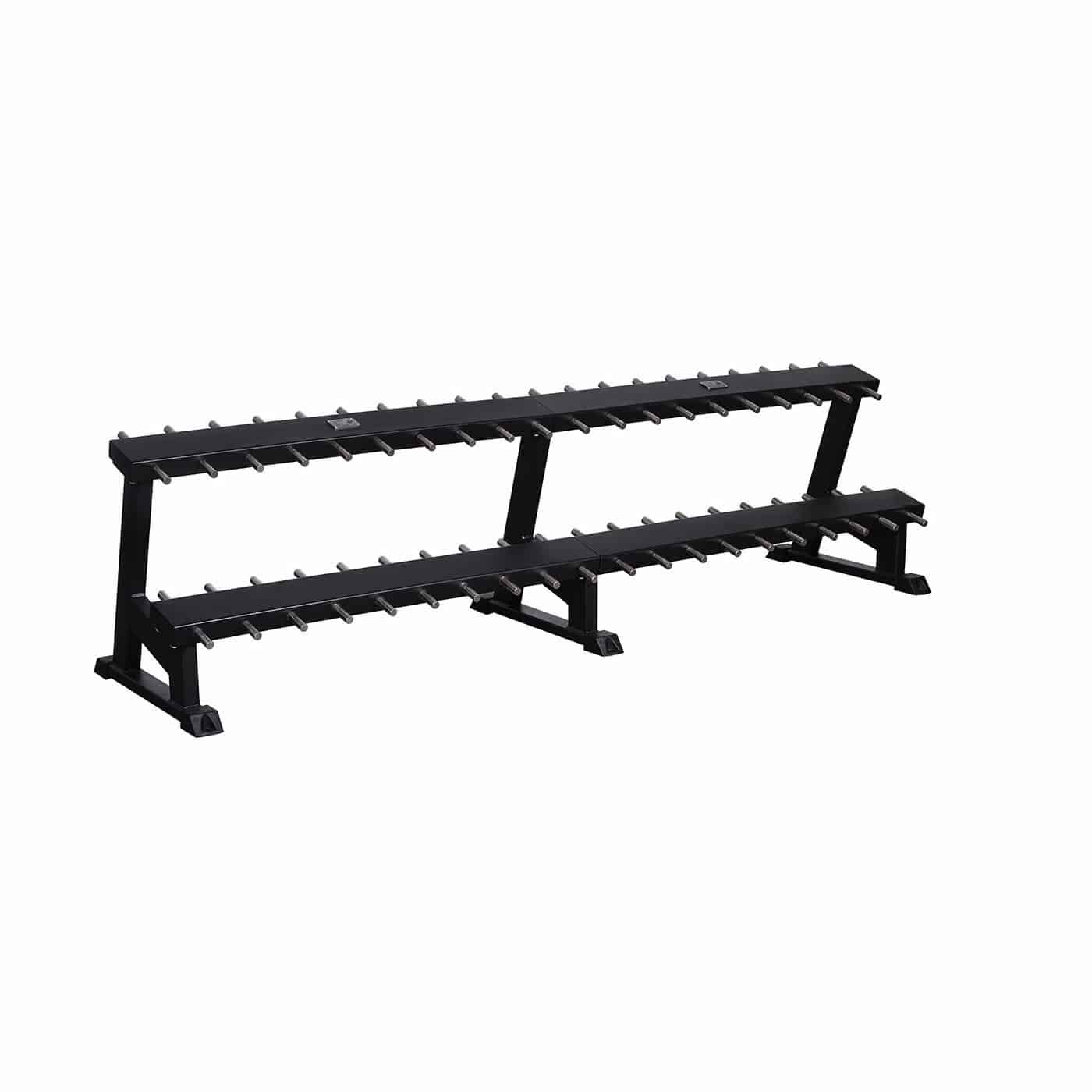 A black metal dumbbell rack designed to hold 10 pairs of dumbbells, with a length of 2.4 meters.