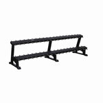 A black metal dumbbell rack designed to hold 10 pairs of dumbbells, with a length of 2.4 meters.