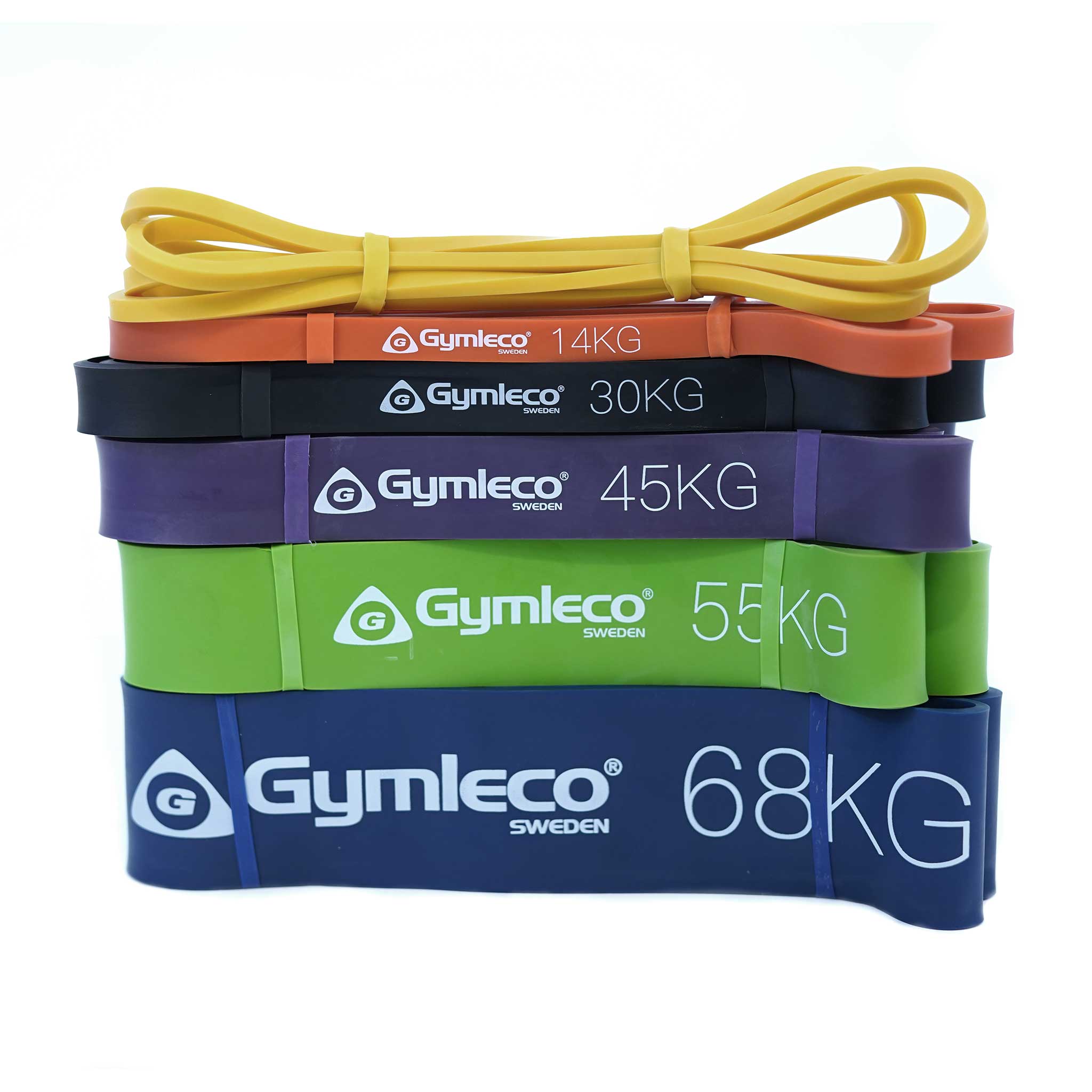 Set of Gymleco resistance bands in various colors with weight markings on a white background