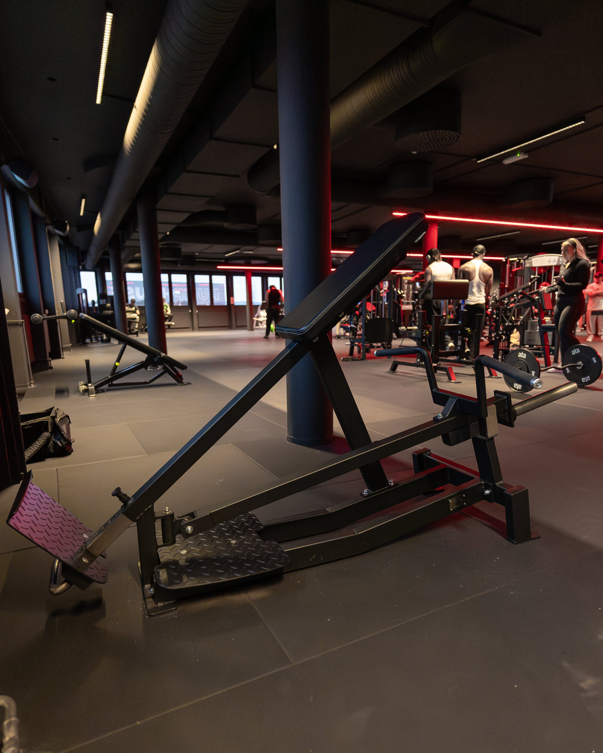 Hack squat machine in a commercial gym