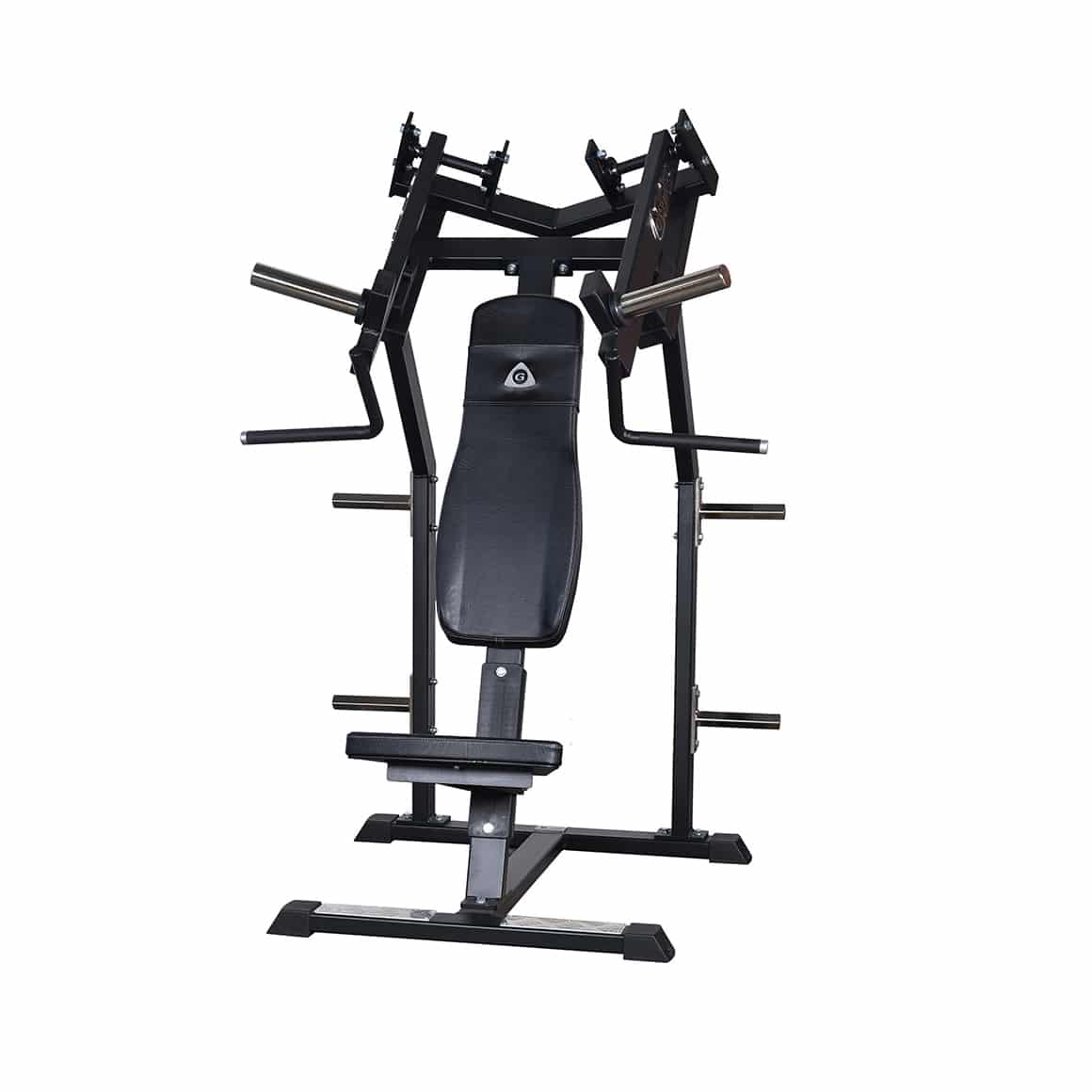 Lateral Incline Bench Press machine, primarily in black color, with a padded bench and adjustable barbell positions.