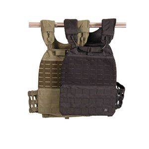 A tactical weight vest displayed on a rack, featuring a combination of green and black colors with adjustable straps and velcro fastening.