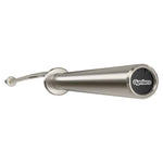 A silver GYMLECO bend barbell with a cambered design, featuring a sleek metallic finish and a black brand label on the side.