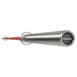 A red and silver Gymleco Cerakote weightlifting bar with a bearing needle and text indicating the 810CR model.