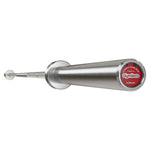 A silver Gymleco competition weightlifting bar for women with a visible logo and branding.