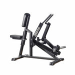 A black Gymleco seated row machine with a padded seat and backrest, and a loading plate for weight training.