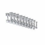A set of chrome dumbbells ranging from 1 to 10 kg, organized in pairs on a white background.