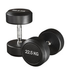 Pair of black dumbbells with '22.5 KG' marking on a white background