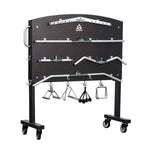 A black carriage for handles and accessories with wheels, equipped with various holders and storage spaces for gym equipment.