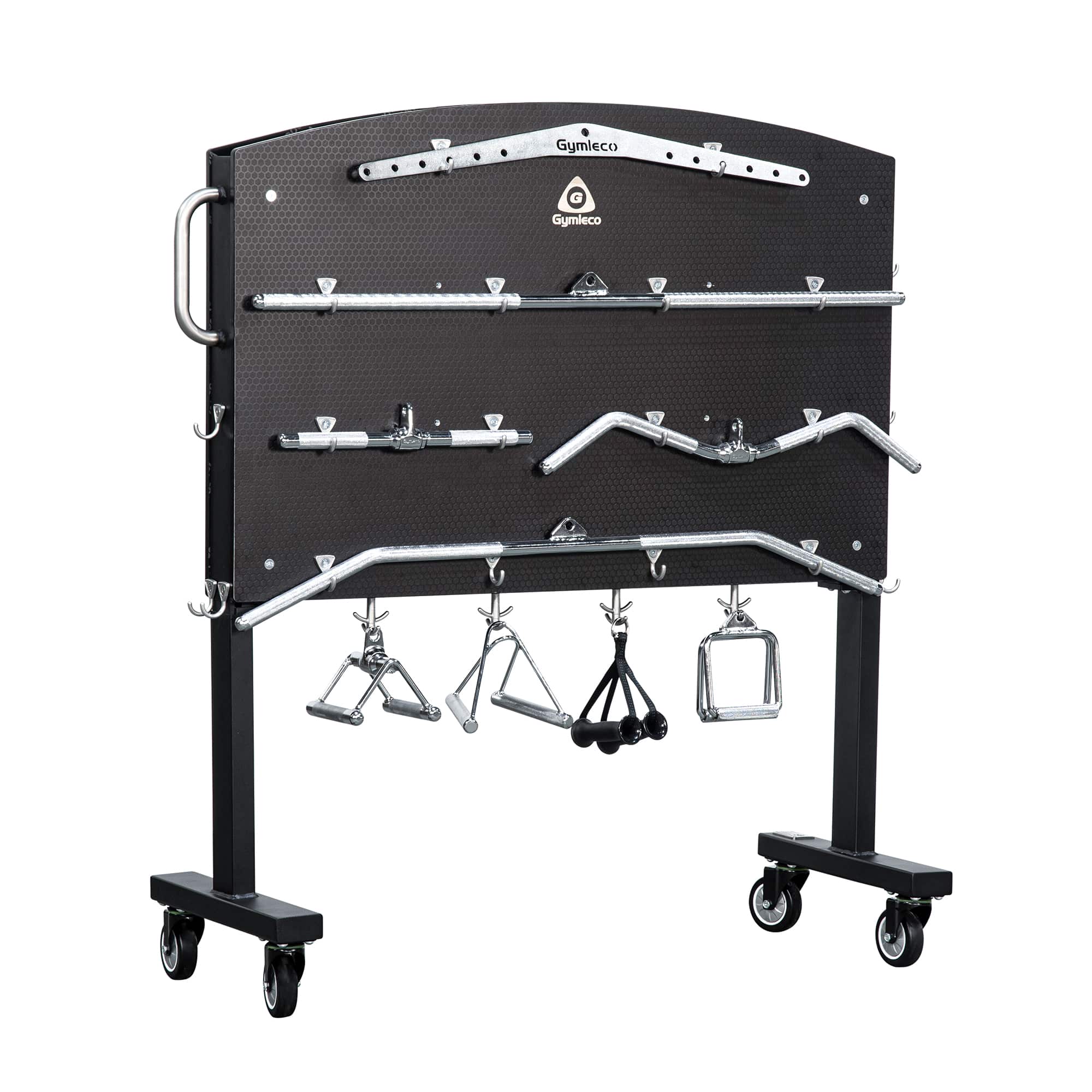 A black carriage for handles and accessories with wheels, equipped with various holders and storage spaces for gym equipment.