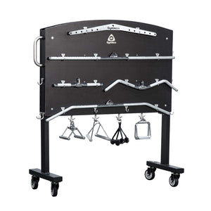 A black carriage for handles and accessories with wheels, equipped with various holders and storage spaces for gym equipment.