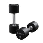 Pair of black dumbbells with 'Gymleco' branding on a white background