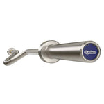 A silver curved barbell with a Gymleco brand tag on the handle.