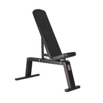 An adjustable gym bench with an incline, flat, and decline positions, predominantly black in color.