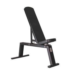 An adjustable gym bench with an incline, flat, and decline positions, predominantly black in color.