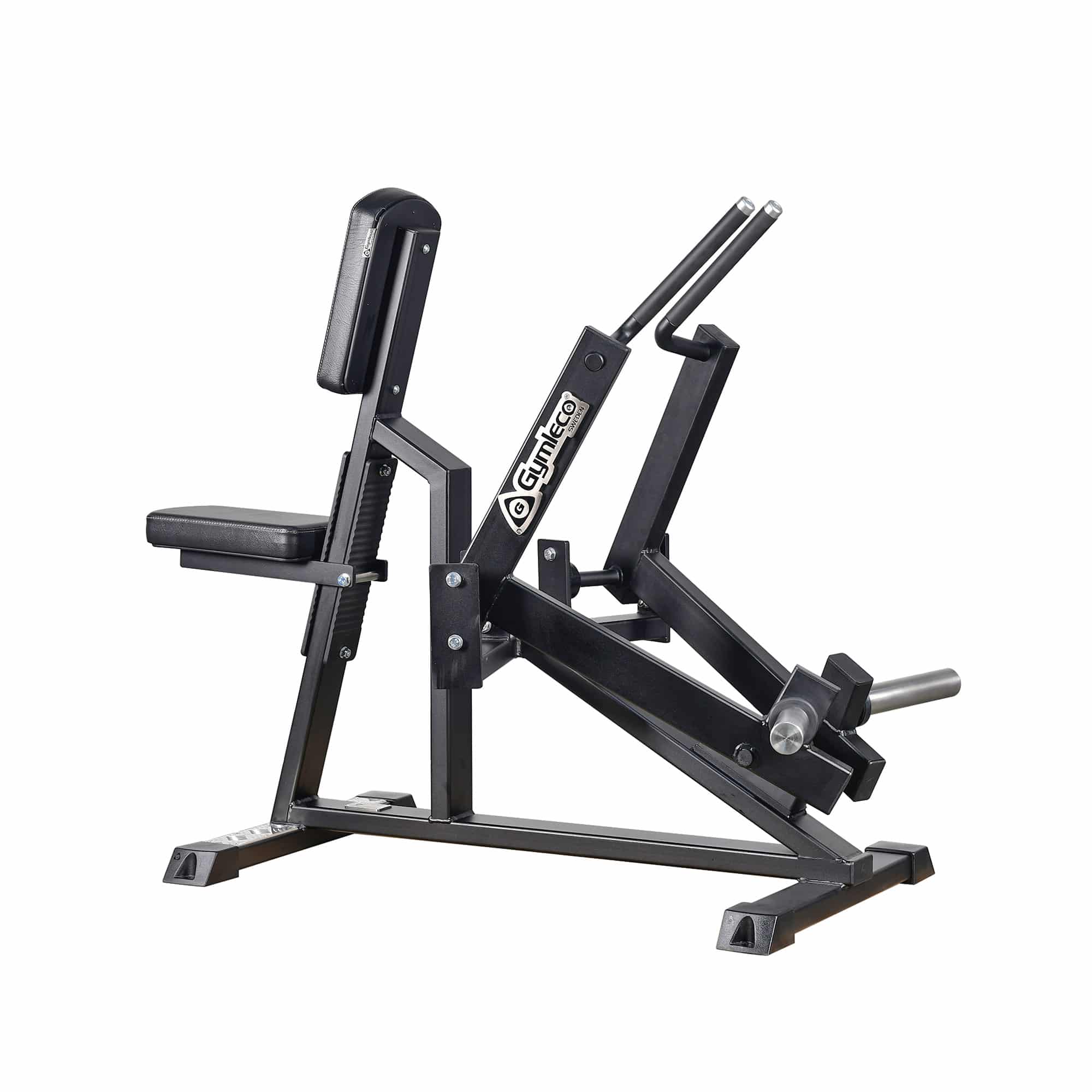 A black Gymleco seated row machine with a padded seat and backrest, and a loading plate for weight training.